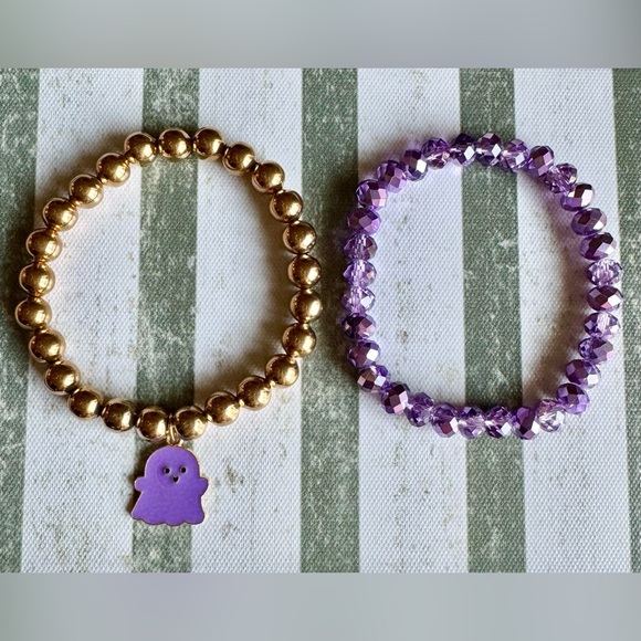 New Halloween Beaded Purple & Gold Tone Adult Size Bracelets w/ Ghost Charm - 8” - Picture 5 of 5